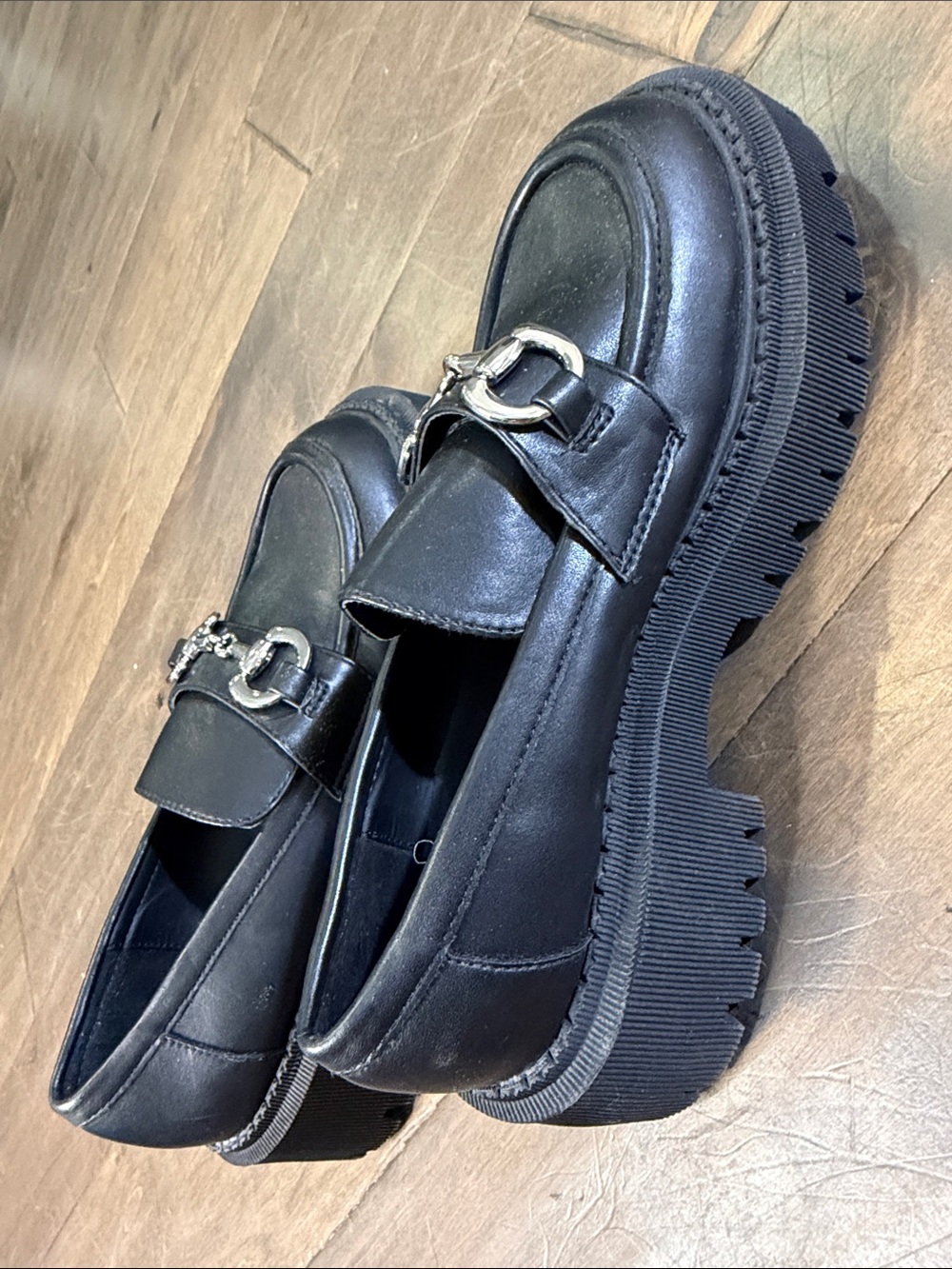 Forever 21 Black Leather Platform Loafers with Silver Bit